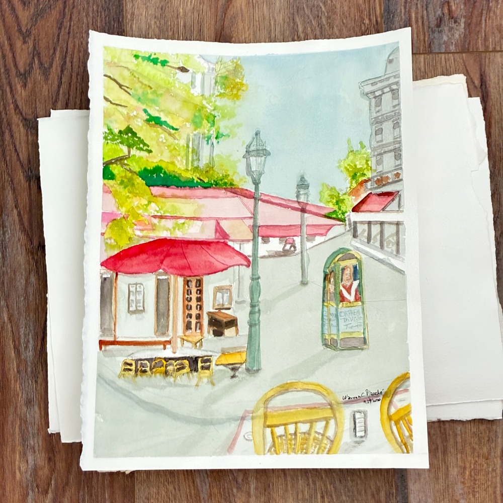 Provence Plaza Scene Warren C Plauche Original Watercolor Painting 2020 Signed